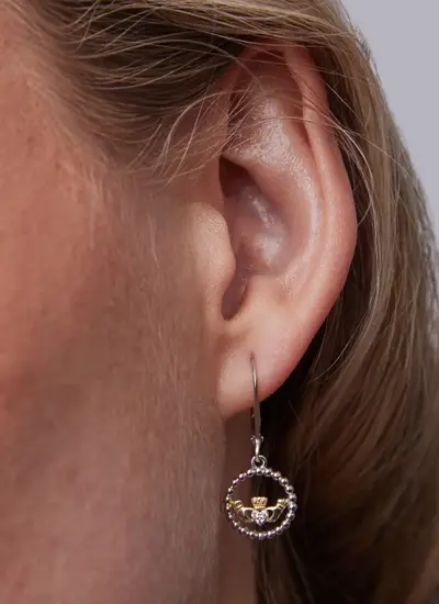 Sterling Silver Claddagh Drop Earrings with Gold Claddagh and Cubic Zirconia